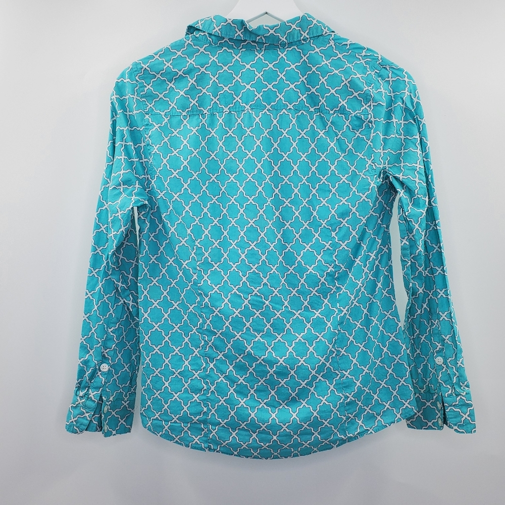 Crown & Ivy Teal Print Button Up Shirt Boho Preppy - Picture 2 of 5